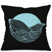 Whale Jumping Out Of The Waves On A Night Starry Sky And Curl Waves Background With Doodle Zentangle Elements Design For Clothing Print Cards Invitations Printing Cover Isolated On White Background Pillows 127830059