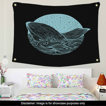 Whale Jumping Out Of The Waves On A Night Starry Sky And Curl Waves Background With Doodle Zentangle Elements Design For Clothing Print Cards Invitations Printing Cover Isolated On White Background Wall Art 127830059
