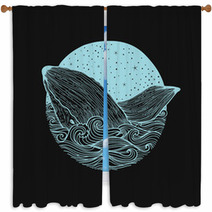 Whale Jumping Out Of The Waves On A Night Starry Sky And Curl Waves Background With Doodle Zentangle Elements Design For Clothing Print Cards Invitations Printing Cover Isolated On White Background Window Curtains 127830059