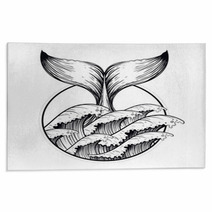 Whale Tail In Sea Waves Boho Blackwork Tattoo Ocean Line Art D Rugs 121629621