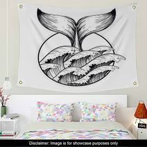 Whale Tail In Sea Waves Boho Blackwork Tattoo Ocean Line Art D Wall Art 121629621