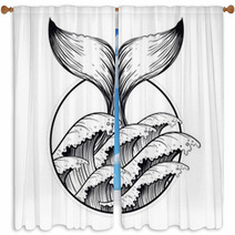 Whale Tail In Sea Waves Boho Blackwork Tattoo Ocean Line Art D Window Curtains 121629621