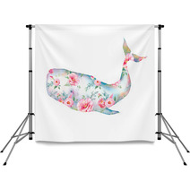 Whale With Flowers Artwork Watercolor Print With Cachalot Whale And Tulip Roses Peonies Bouquet Pattern Hand Painted Animal Silhouette Isolated On White Background Creative Natural Illustration Backdrops 155404074