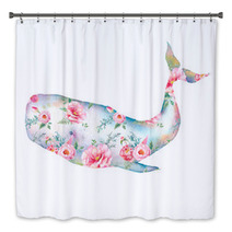 Whale With Flowers Artwork Watercolor Print With Cachalot Whale And Tulip Roses Peonies Bouquet Pattern Hand Painted Animal Silhouette Isolated On White Background Creative Natural Illustration Bath Decor 155404074