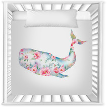 Whale With Flowers Artwork Watercolor Print With Cachalot Whale And Tulip Roses Peonies Bouquet Pattern Hand Painted Animal Silhouette Isolated On White Background Creative Natural Illustration Nursery Decor 155404074