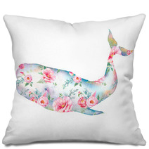 Whale With Flowers Artwork Watercolor Print With Cachalot Whale And Tulip Roses Peonies Bouquet Pattern Hand Painted Animal Silhouette Isolated On White Background Creative Natural Illustration Pillows 155404074