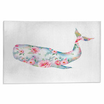 Whale With Flowers Artwork Watercolor Print With Cachalot Whale And Tulip Roses Peonies Bouquet Pattern Hand Painted Animal Silhouette Isolated On White Background Creative Natural Illustration Rugs 155404074