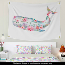 Whale With Flowers Artwork Watercolor Print With Cachalot Whale And Tulip Roses Peonies Bouquet Pattern Hand Painted Animal Silhouette Isolated On White Background Creative Natural Illustration Wall Art 155404074