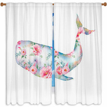 Whale With Flowers Artwork Watercolor Print With Cachalot Whale And Tulip Roses Peonies Bouquet Pattern Hand Painted Animal Silhouette Isolated On White Background Creative Natural Illustration Window Curtains 155404074