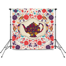 Whimsical Colorful Tea Pot And Roses Backdrops 43715400