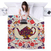 Whimsical Colorful Tea Pot And Roses Blankets 43715400