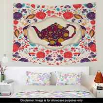 Whimsical Colorful Tea Pot And Roses Wall Art 43715400
