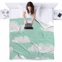White Clouds Grunge Prints On Teal Blue Seamless Pattern Vector Blankets 53399425