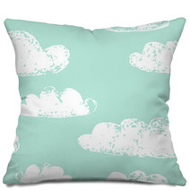 White Clouds Grunge Prints On Teal Blue Seamless Pattern Vector Pillows 53399425