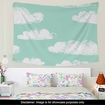 White Clouds Grunge Prints On Teal Blue Seamless Pattern Vector Wall Art 53399425