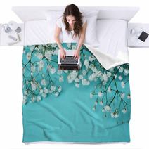White Flowers On Blue Background Blankets 60367806