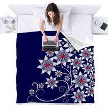 White Flowers On Blue Background Blankets 71064827