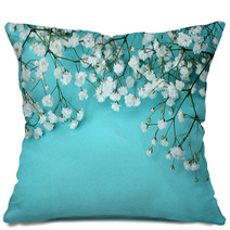 White Flowers On Blue Background Pillows 60367806