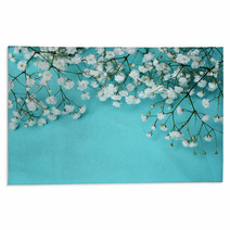 White Flowers On Blue Background Rugs 60367806