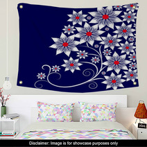 White Flowers On Blue Background Wall Art 71064827