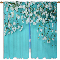 White Flowers On Blue Background Window Curtains 60367806