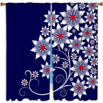 White Flowers On Blue Background Window Curtains 71064827