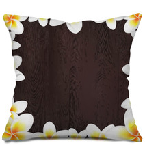 White Frangipani Frame With Wood Background Pillows 56560628