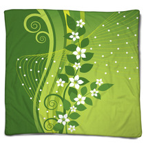 White Jasmine Flowers On Green Swirls Background Blankets 50956545