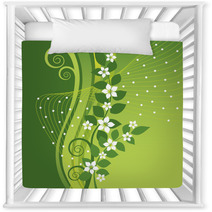 White Jasmine Flowers On Green Swirls Background Nursery Decor 50956545