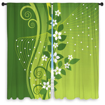 White Jasmine Flowers On Green Swirls Background Window Curtains 50956545