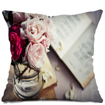 White Roses In A Glass Vase Pillows 61206181