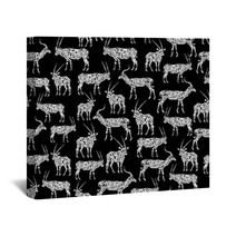 White Seamless Pattern With Antelope On Black Wall Art 102460486