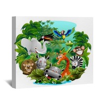 Wild Animals Cartoon On Jungle-Animali Selvaggi Nella Giungla Wall Art 57065045