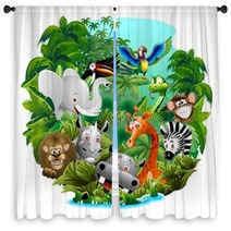 Wild Animals Cartoon On Jungle-Animali Selvaggi Nella Giungla Window Curtains 57065045