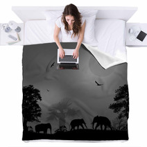 Wild Elephants At Sunset Blankets 67890917