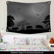 Wild Elephants At Sunset Wall Art 67890917