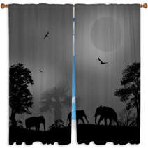 Wild Elephants At Sunset Window Curtains 67890917