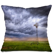 Windmill On A Farm In An Open Field Under A Dramatic Sky Pillows 205765028