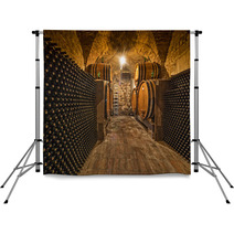 Wine Cellar With Bottles And Oak Barrels Backdrops 57865730