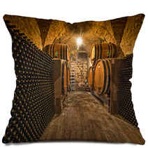 Wine Cellar With Bottles And Oak Barrels Pillows 57865730