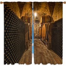 Wine Cellar With Bottles And Oak Barrels Window Curtains 57865730
