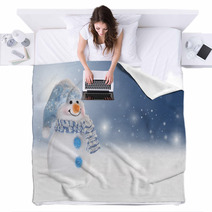 Winter Background With A Snowman, Snow And Snowflakes Blankets 47561226