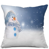 Winter Background With A Snowman, Snow And Snowflakes Pillows 47561226