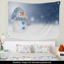 Winter Background With A Snowman, Snow And Snowflakes Wall Art 47561226