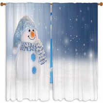 Winter Background With A Snowman, Snow And Snowflakes Window Curtains 47561226