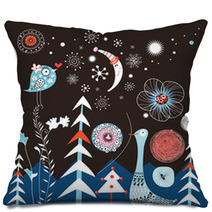 Winter Background With Trees And Birds Pillows 46168970