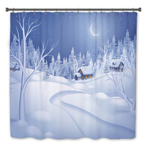 Winter Night Landscape Illustration, Midnight Is Small Village Bath Decor 72112171