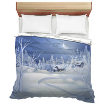 Winter Night Landscape Illustration, Midnight Is Small Village Bedding 72112171