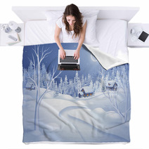 Winter Night Landscape Illustration, Midnight Is Small Village Blankets 72112171