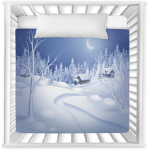 Winter Night Landscape Illustration, Midnight Is Small Village Nursery Decor 72112171